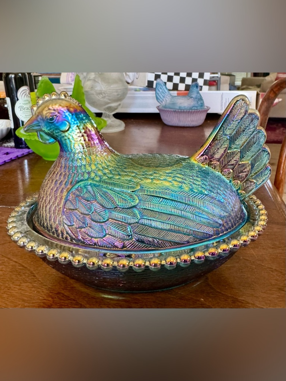 Indiana Glass - Iridescent Blue Glass - Carnival Style Hen on Nest